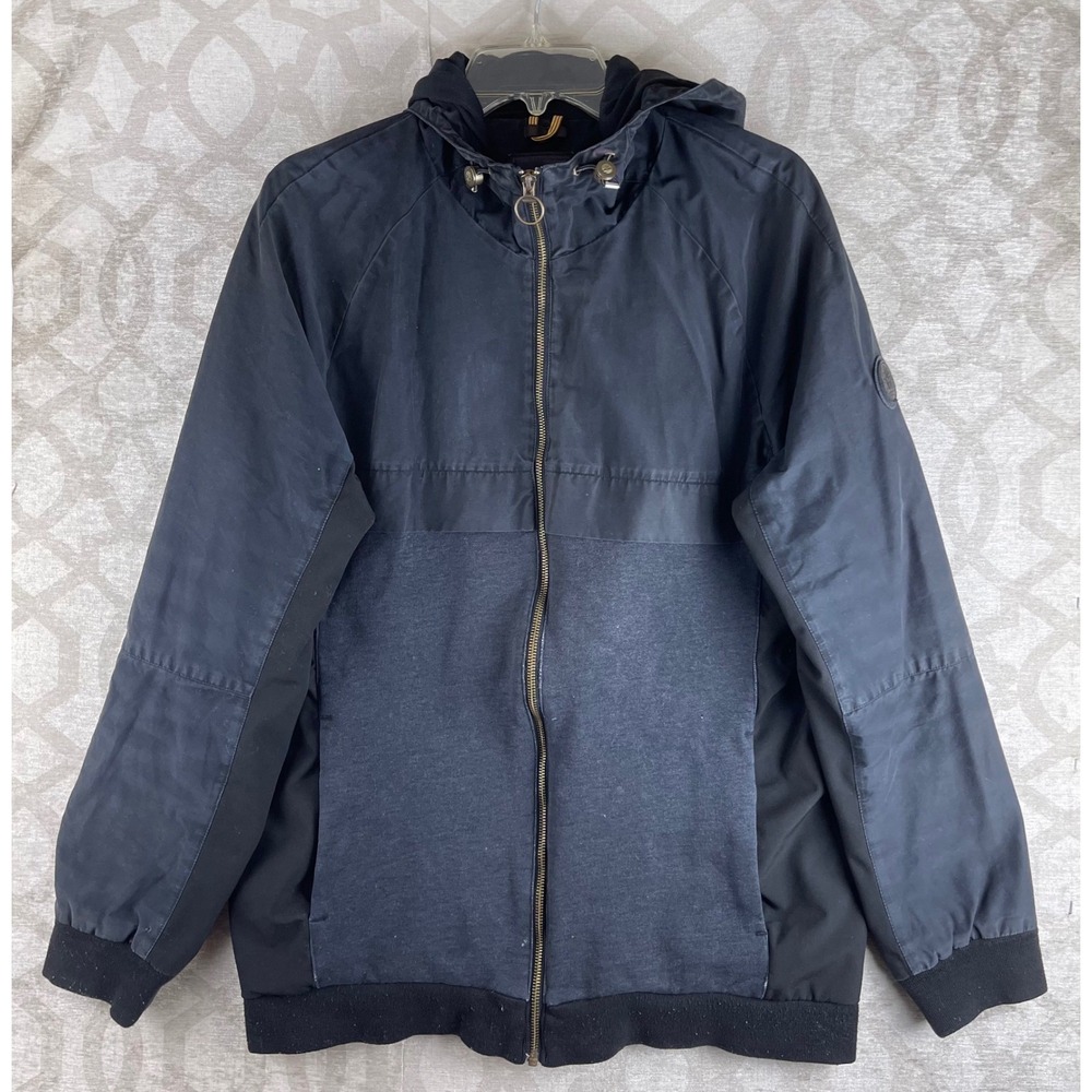 Timberland Hooded Jacket Mens L Black‎ Mixed Media Big Back Logo Full Zip Canvas